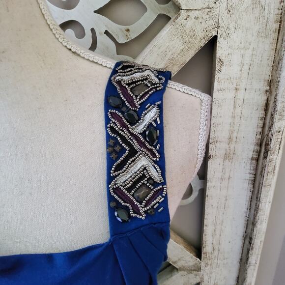 a.n.a. Women's Short Sleeve Asymmetric Strap Embellished Shoulder Top in Blue - Picture 2 of 6